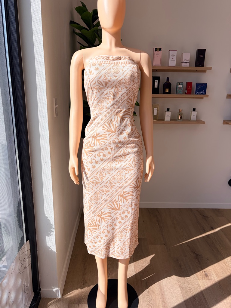 Flying Tomato Strapless Cream & Tan Printed Midi Dress